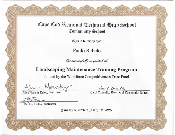 Cape Cod Regional Technical High School Landscaping Maintenance Training Program certificate