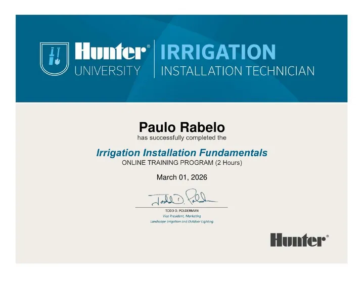 Hunter Irrigation University Irrigation Installation Fundamentals certificate for Paulo Rabelo