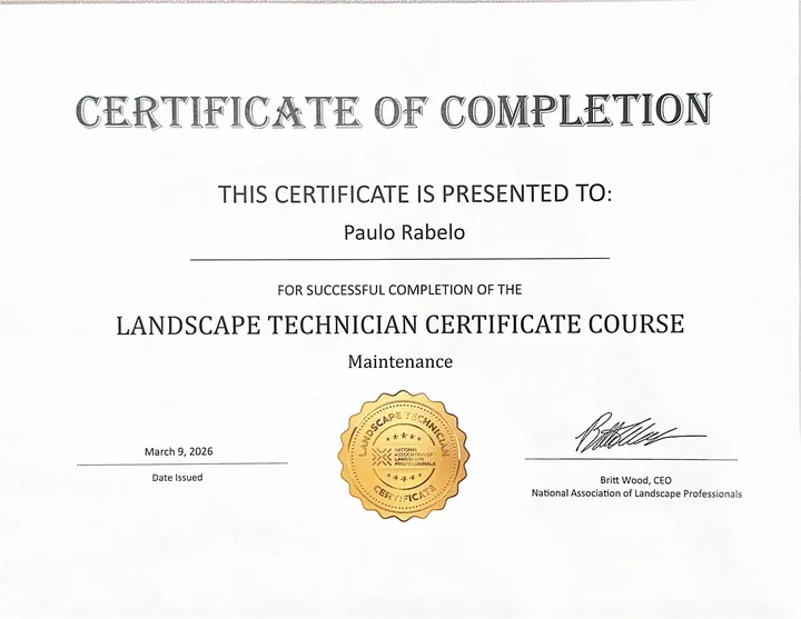 Landscape Technician Certificate Course – Maintenance certificate for Paulo Rabelo