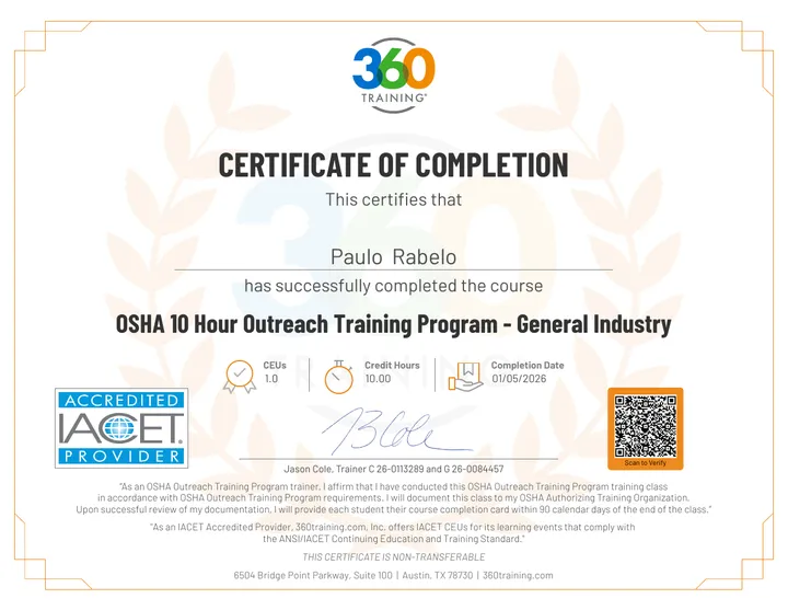 OSHA 10 Hour Outreach Training Program – General Industry certificate for Paulo Rabelo